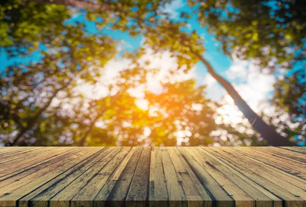 Table Bois Image Floue Abstraite Bokeh Arbre Vert Pour Une — Photo