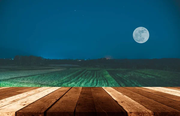 Mesa Madeira Imagem Tom Vintage Campo Arroz Noite — Fotografia de Stock