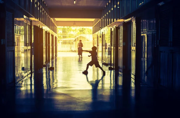 Vintage Tone Silhouette Image Happy Boy School Hall Way — Stock Photo, Image