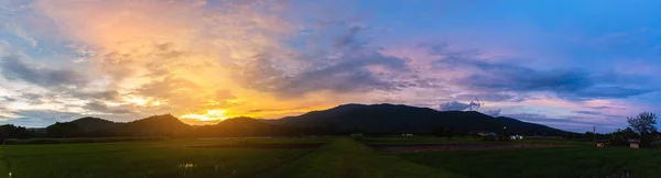 Panorama Imagem Beleza Dia Ensolarado Campo Arroz Com Céu Montanha — Fotografia de Stock