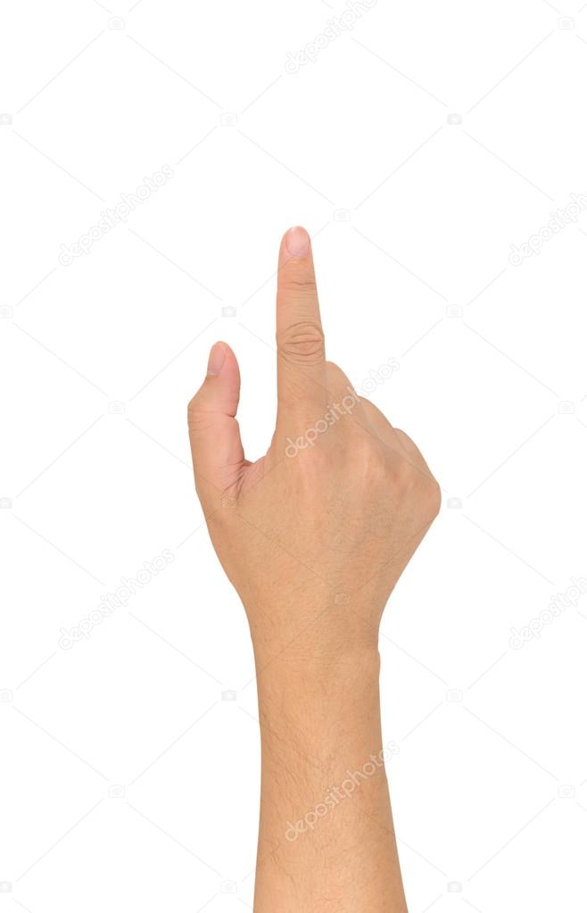 image of male hand use forefinger touching screen isolated on white background