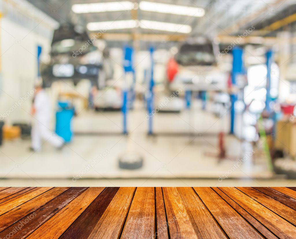 Wooden Floor Blur Image Worker Fixing Car Ther Garage Background