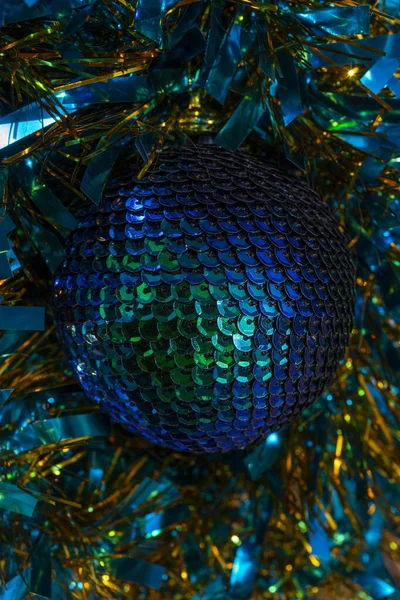 Christmas Tree Decorations Big Tidewater Green Color Ball Shining Background — Stock Photo, Image