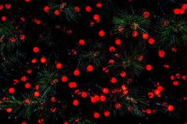 Kırmızı zemin, soyut Bokeh Noeli. Noel, köknar ağacına düşen parlak yıldızlar gibi parlıyordu. Kış kartı ya da davet