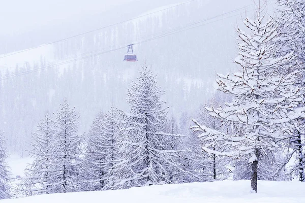 Landschap van de top van de berg resort in de Franse Alpen met skipistes en kabelbaan vervoer. Met sneeuw bedekte bossen, van bovenaf gefotografeerd. — Stockfoto