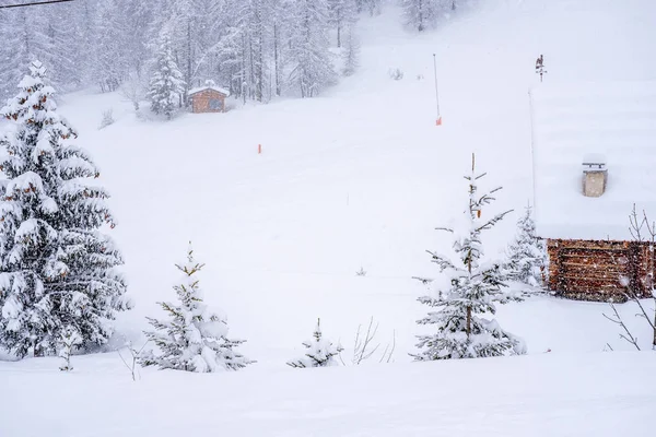 Blick auf den Winterwald bei Schneefall. Schneeverwehtes Skigebiet in den gefrorenen Bergen. Selektiver Fokus. — Stockfoto