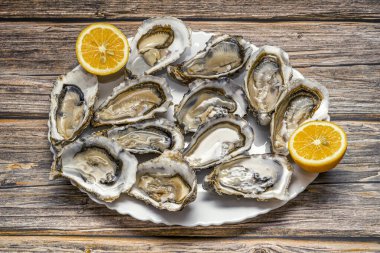 Koyu ahşap arka planda limonlu beyaz bir tabakta taze açılmış istiridyeler.