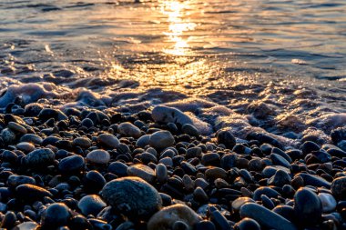 Sabah güneşinde deniz kıyısında altın çakıl taşları. Deniz kıyısında yuvarlak taşlı dalgalar. Akdeniz kıyısı