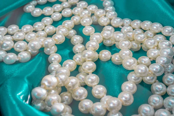 Natural White Pearls Water Blue Silk Texture Close Pendants Neck — Stock Photo, Image