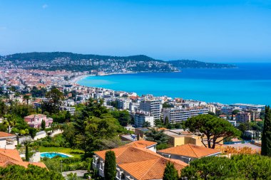 Nice, FRANCE - 13.05.2021: Scenic Panoramic View of Nice, famous tourists street Promenade des Anglais, mediterranean resort, Cote dAzur, France. 