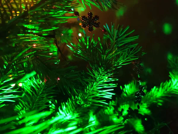 Kerstboom tak met decoraties en bloemenslingers close-up — Stockfoto