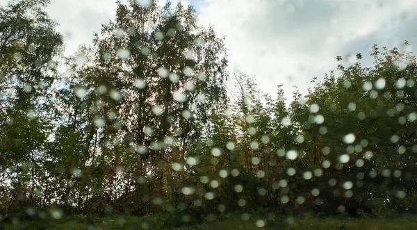 Prachtig landschap achter glas met regendruppels, zomer regenachtige dag — Stockfoto