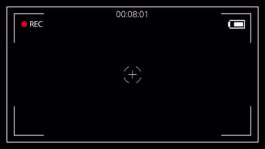 Etkin bir REC göstergesi, dinamik zaman kodu ve çerçeve rehberinden oluşan video kamera kayıt ekranı modern multimedya projeleri için ideal