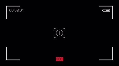 Viewfinder ekran kayıt görüntüsü. Geçmişteki zamanı, aktif 'REC' durumunu, pil simgesini ve koyu arkaplan üzerine odaklanmayı gösterir. Video projeleri için ideal eşleştirme