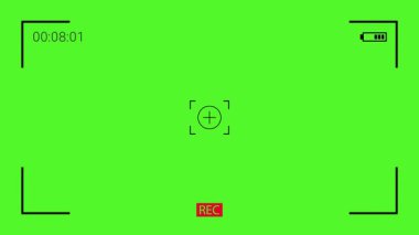 Yeşil ekran video kayıt arayüzü aktif zaman, pil ve odaklanma gösteriyor. Film ve dijital medya üretiminde dinamik krom anahtar efektler için ideal bir kaplama