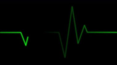 Siyah arkaplandaki yeşil dijital çizgi kalp atışını gösteriyor. Yaşamı, sağlığı, tıbbi denetimi ve yaşam belirtilerini sembolize eden, teknoloji, bilim ve refah temaları için uygun