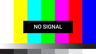 Bir televizyon ekranında gösterilen klasik bir Sinyal Yok mesajı, ikonik renk çubukları deseni, girdi veya yayın eksikliğini gösterir.