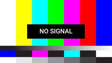 Ekranda belirgin bir şekilde gösterilen canlı renk çubukları ve HAYIR mesajı ile klasik bir televizyon test şablonu, yayın girdisi eksikliğini gösterir.