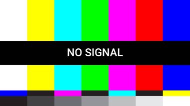 Siyah bir şerit üzerinde HAYIR sinyalini gösteren klasik bir televizyon test şablonu, canlı dikey renk çubuklarının arka planına göre ayarlanmış.