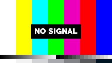 Bir televizyon ekranında gösterilen klasik bir Sinyal Yok mesajı, ikonik renkli test kalıpları ve hafif statik parazitin yer aldığı, yayın ve girdi eksikliğini gösteren.