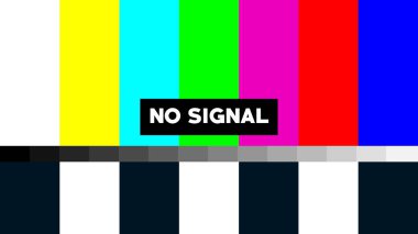 Renkli test çubukları ve statik desen gösteren klasik bir Sinyal Yok ekranı, bir yayın kesintisi veya girdi eksikliği göstergesi.