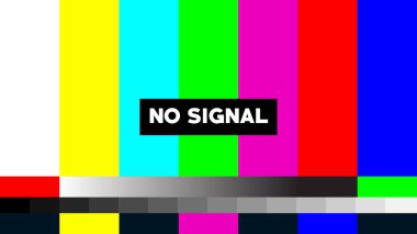 Canlı renk test çubukları ve ince bir arıza etkisi ile televizyon ekranında gösterilen Sinyal Yok mesajı, bir yayın kesintisi veya bağlantı sorununu işaret ediyor.