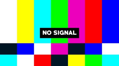 Bir televizyon ekranında canlı, retro-stil renk çubuğu kalıplı, yayın kesintisi ya da bağlantı sorununu gösteren klasik bir Sinyal Yok mesajı görüntülendi.
