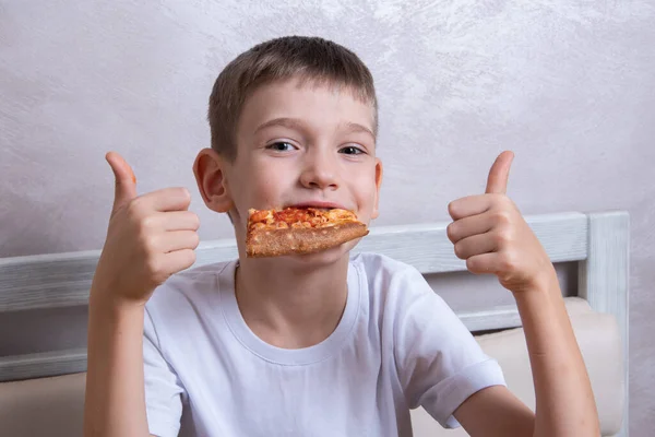 Lindo chico comiendo una rebanada de pizza de pepperoni y queso y mostrando con dos manos el gesto similar — Foto de Stock