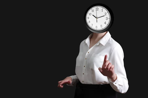 Time Management Alarm Clock Headed Woman White Blouse Points Her — Stock Photo, Image