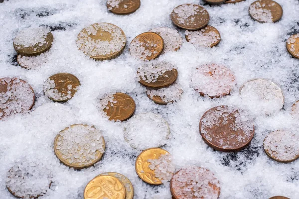 Close Various Coins Covered White Salt Ritual Wealth Concept Mysticism — Stock Photo, Image