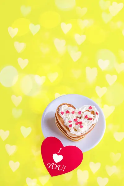 Homemade Pancake Shape Heart Decorated White Cream White Plate Red — Stock Photo, Image
