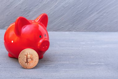 Bitcoin para ve gri arka planda kırmızı domuz kumbarası, yakın plan, kopyalama alanı. Kripto para tasarrufu kavramı. Yeni sanal elektronik ve dijital para
