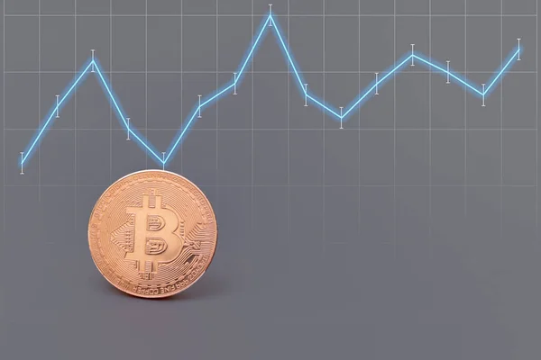 Kripto para birimi dalgalanma konsepti. Gri arkaplanlı Bitcoin para grafiği, kopyalama alanı. Bitcoin uçuculuğu. Kripto para birimi oranının dalgalanmaları ve tahminleri.