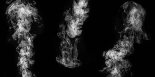 Üç farklı kıvrımlı beyaz buhar seti ya da siyah arka planda duman. Soyut arkaplan — Stok fotoğraf