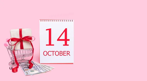 Tag Des Oktober Eine Geschenkbox Einkaufswagen Dollars Und Ein Kalender — Stockfoto