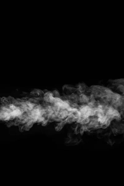 Horizontal curly white steam, fog or smoke isolated with transparent special effect on black background — Stock Photo, Image