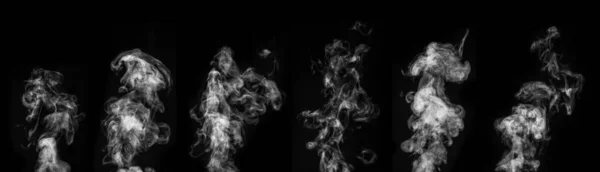 Perfektní Sada Šesti Různých Typů Bílého Kouře Černém Pozadí Kudrnatý — Stock fotografie