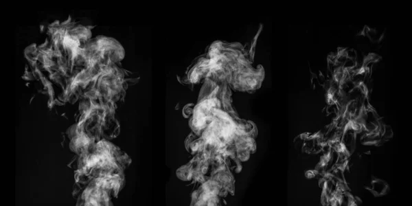 Un conjunto perfecto de tres diferentes místico rizado vapor blanco o humo sobre un fondo negro. Niebla de fondo abstracta —  Fotos de Stock