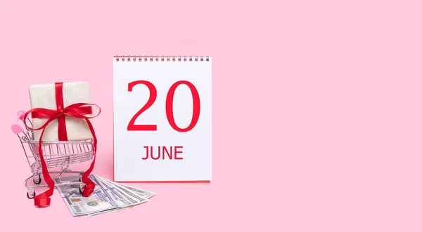 Juni Presentask Kundvagn Dollar Och Kalender Med Datum Juni Rosa — Stockfoto