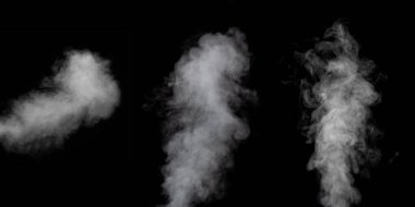 Üç farklı kıvrımlı beyaz buhardan oluşan mükemmel bir set ya da siyah arka planda bir duman. Soyut sis veya sis arkaplanı, Cadılar Bayramı için tasarım ögesi, kolaj düzeni, maket.