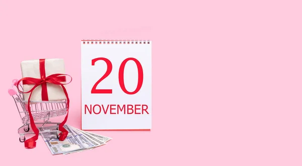 A gift box in a shopping trolley, dollars and a calendar with the date of 20 november on a pink background. — Stock Photo, Image