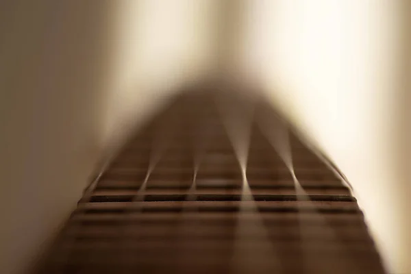 Detalhe de close-up de cordas de guitarra de aço e trastes para fazer música. Foco seletivo em um limiar de guitarra — Fotografia de Stock