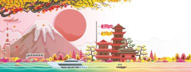 Dağ ve pagoda içeren renkli bir manzara.