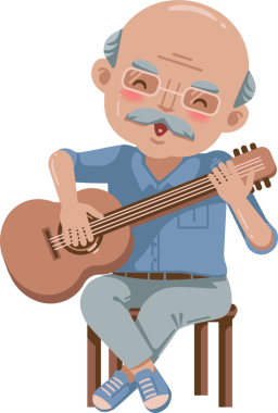 Gülümseyen yaşlı adam akustik gitar çalıyor.