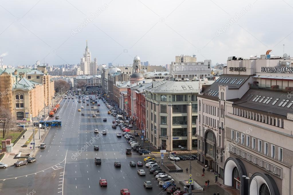 Panoramic view of the building from the roof of Moscow in cloudy weather during the day