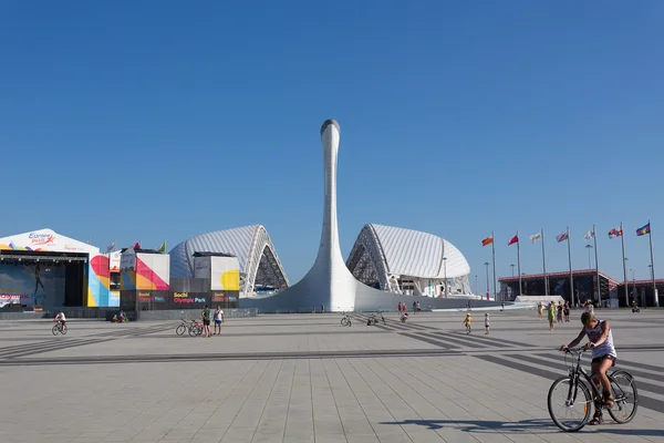 23. Juli - Sotschi, Russland: singender Springbrunnen im Olympiapark in Form der Skulptur "Feuervogel"" — Stockfoto