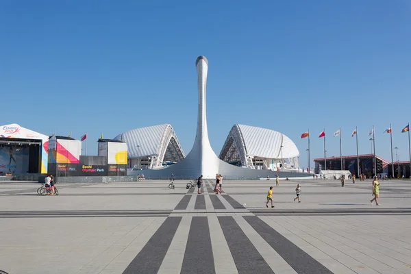 23, July - Sochi, Russia: Singing Fountain in the Olympic Park in the form of sculpture "Firebird" — Stock Photo, Image