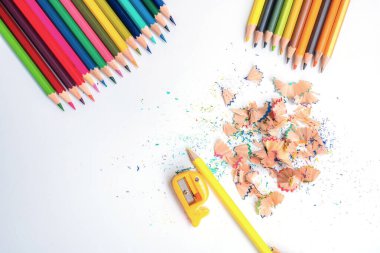 Renkli kalemler ve kalem talaşlarıyla birlikte beyaz arka planda sarı kalem kurbağası. Beyaz zeminde renkli kalem talaşı olan çok renkli kalemler var. Okul konseptine dönelim..