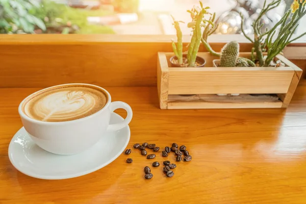 A hot cup of coffee on an old brown wooden table with roasted coffee beans sprinkled beside the cup with a cactus pot, hot coffee with morning sunlight shining through clear glass at hot coffee.