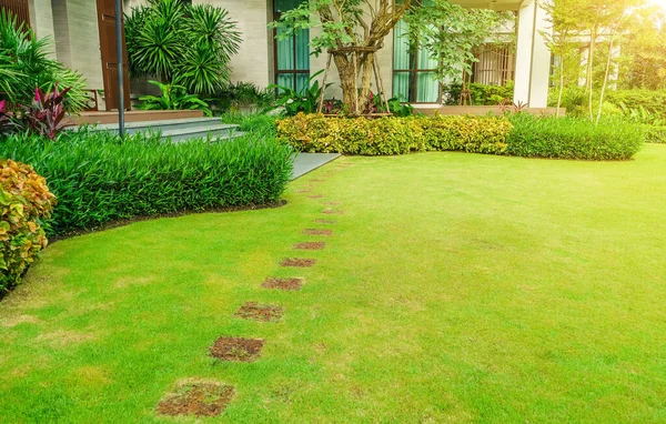 Pathways Green Lawns Landscaping Garden Curve Walkway Green Grass Field — Stock Photo, Image